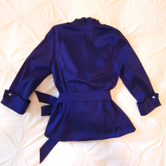 Le Chateau Y2k royal blue irridescent chrome ruffle wrap dress shirt. Size L - Picture 12 of 13